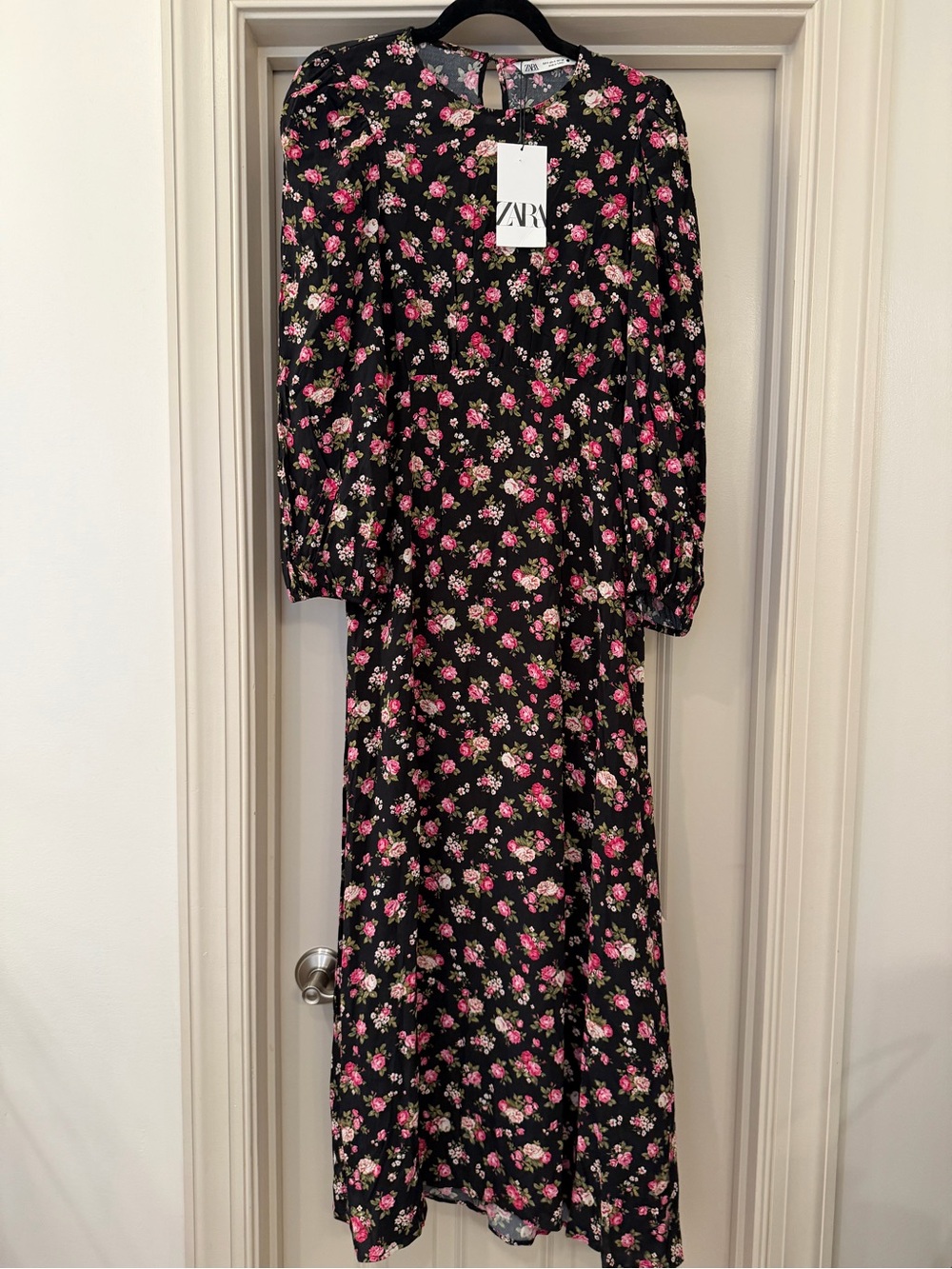 NWT Zara Small Romantic Feminine Black Dress with Pink Rose Floral Print